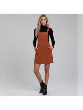 Zip Up Corduroy Overall Dress Rust